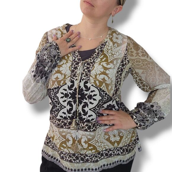 Hale Bob Silk Boho Top Cabana Tunic Chiffon M White Olive Gray Blouse Coastal - Picture 1 of 12